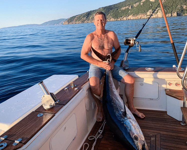 Big-game tackle and fighting chair aboard a licensed Croatian bluefin tuna charter boat