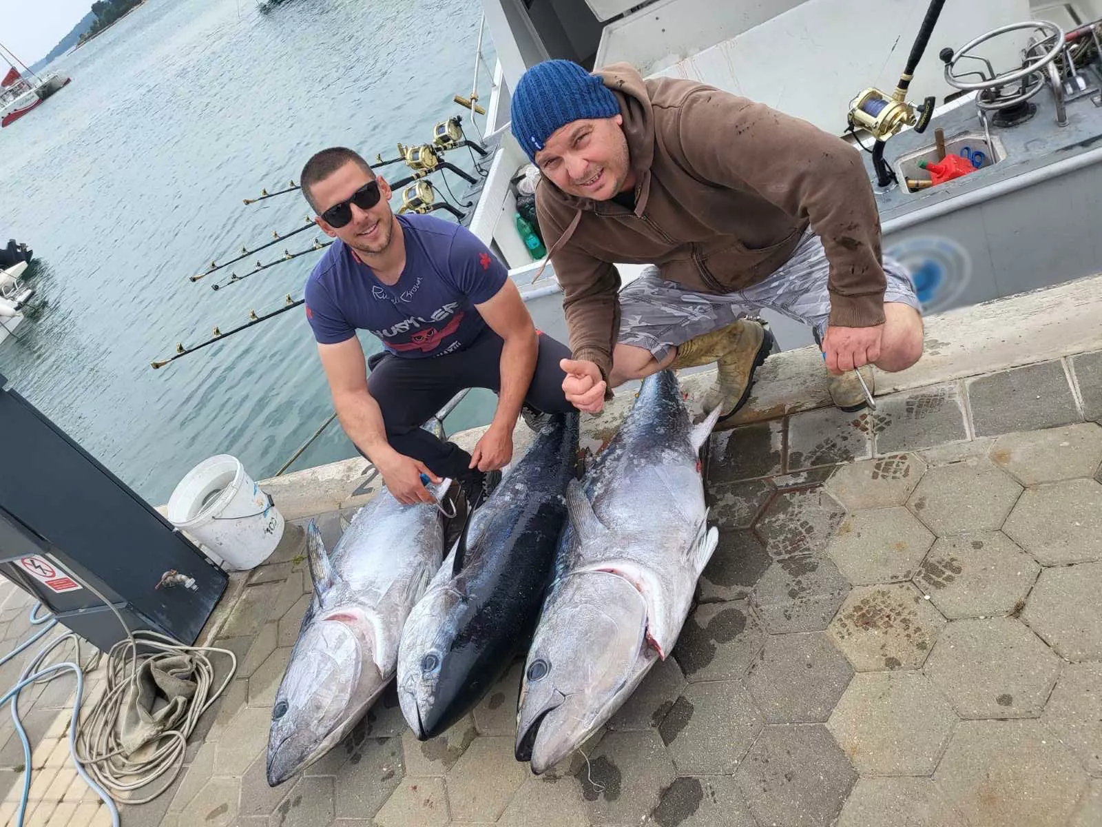 Atlantic bluefin tuna boatside on a Croatian big-game charter — the deep open water of the central Adriatic