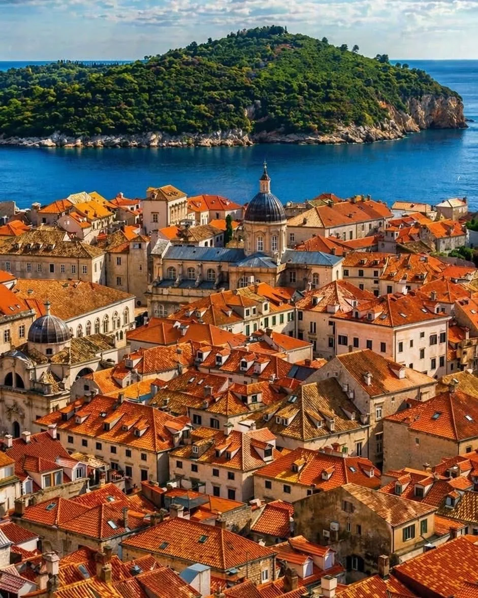 Aerial view of Dubrovnik old town terracotta rooftops with the Adriatic Sea