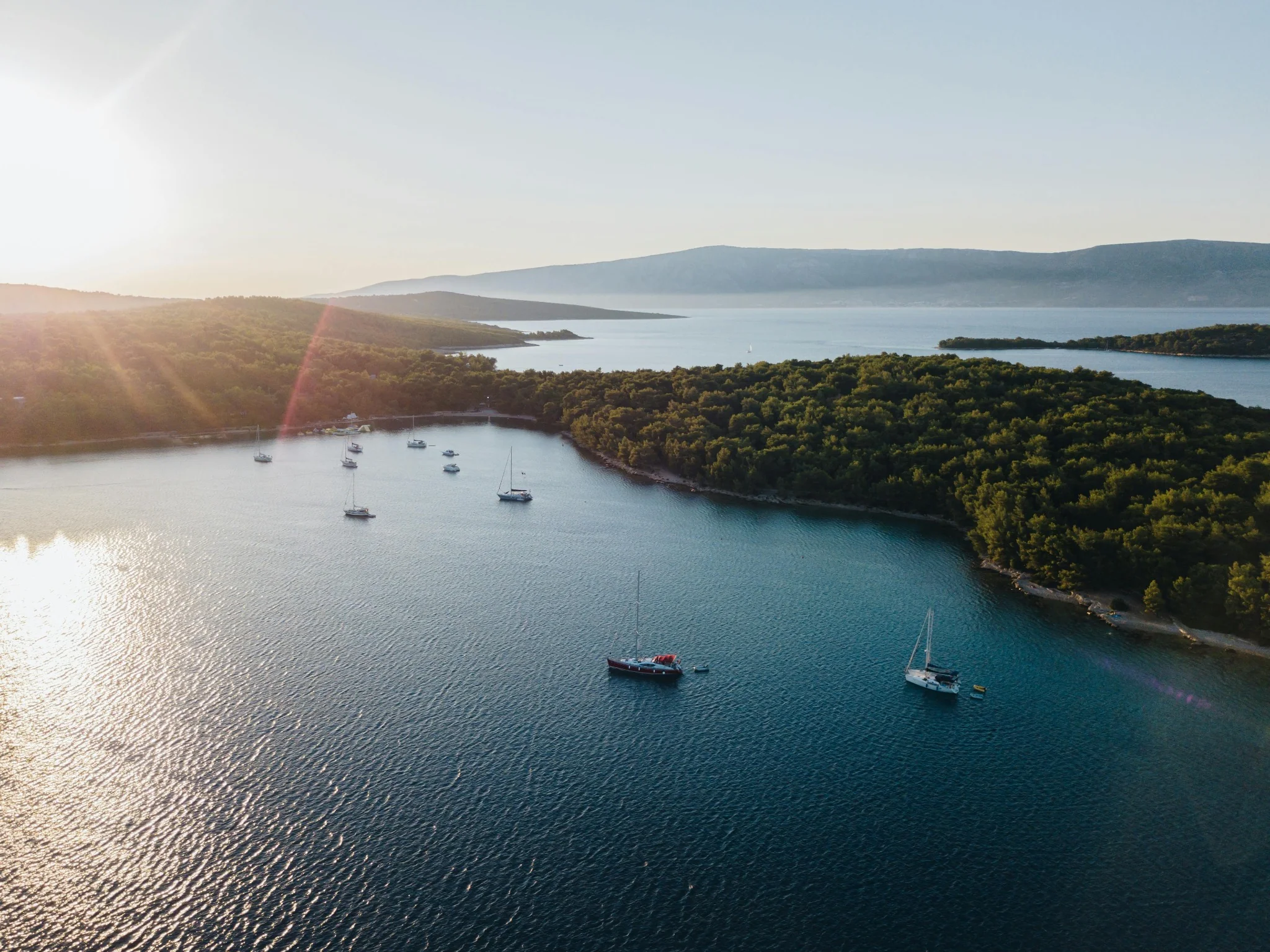 A sailing yacht in a Mljet bay at sunset, southern Dalmatia, Croatia