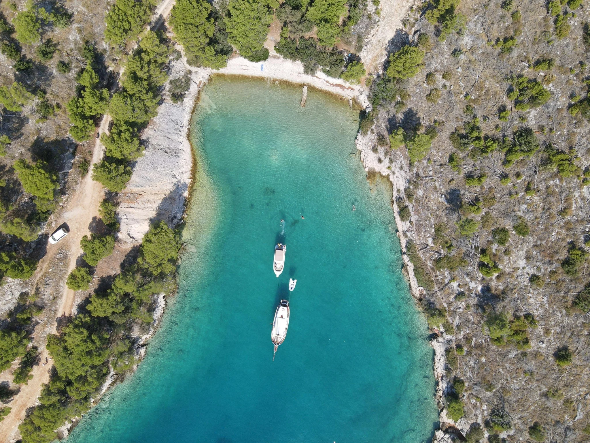 Aerial view of a hidden Mljet cove with turquoise water, southern Dalmatia, Croatia