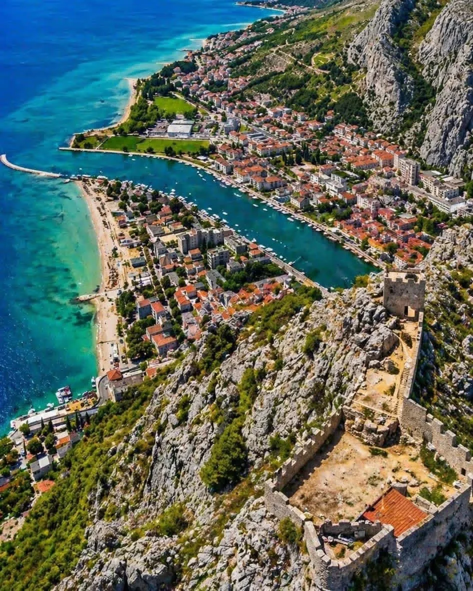 Aerial view of Omiš at the mouth of the Cetina River on the Dalmatian coast Croatia