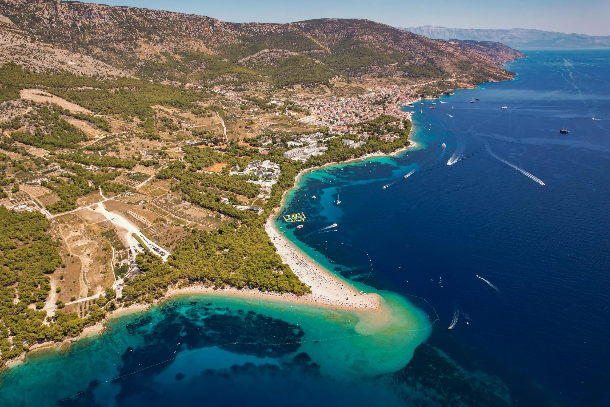 Aerial view of the Pelješac peninsula coastline and turquoise Adriatic in southern Dalmatia, Croatia