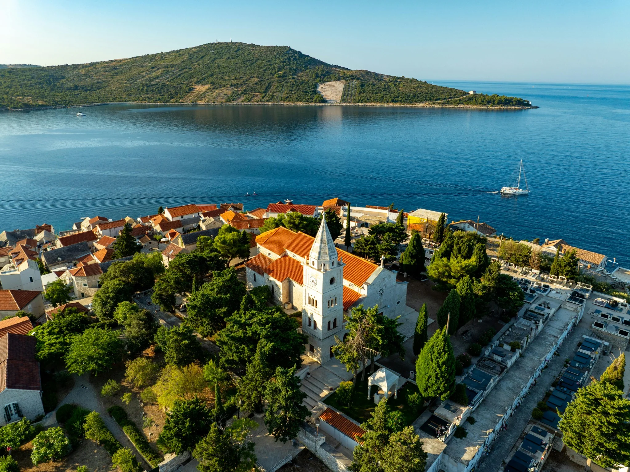 A stone village with church above the Adriatic coast on the Pelješac peninsula, Croatia