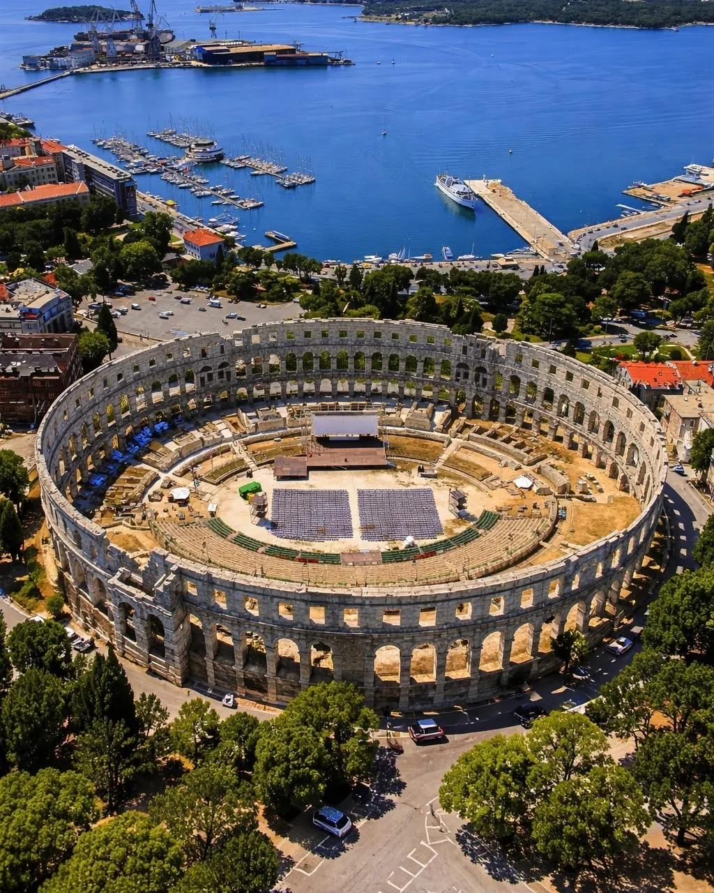 Aerial view of Pula Arena Roman amphitheater on the Istrian peninsula Croatia