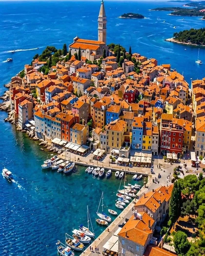 Aerial view of colorful Rovinj harbor old town with red rooftops on the Istrian peninsula Croatia