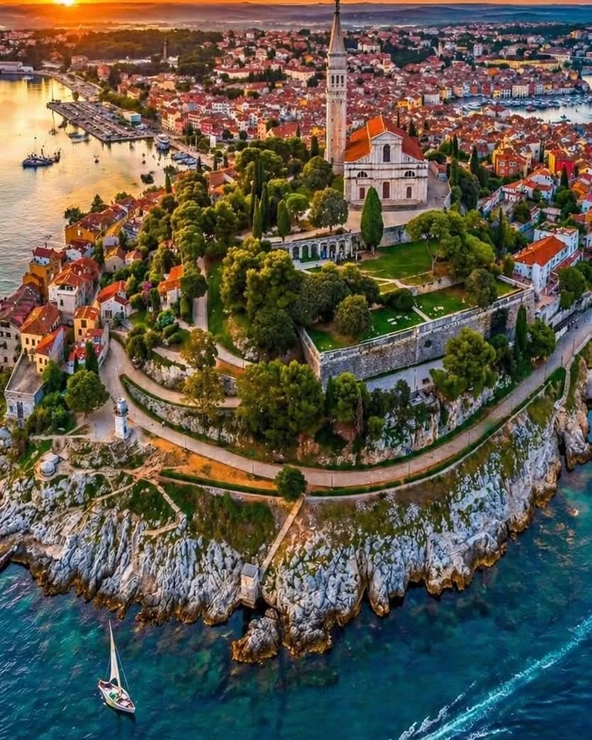 Rovinj Istrian harbor old town at sunset