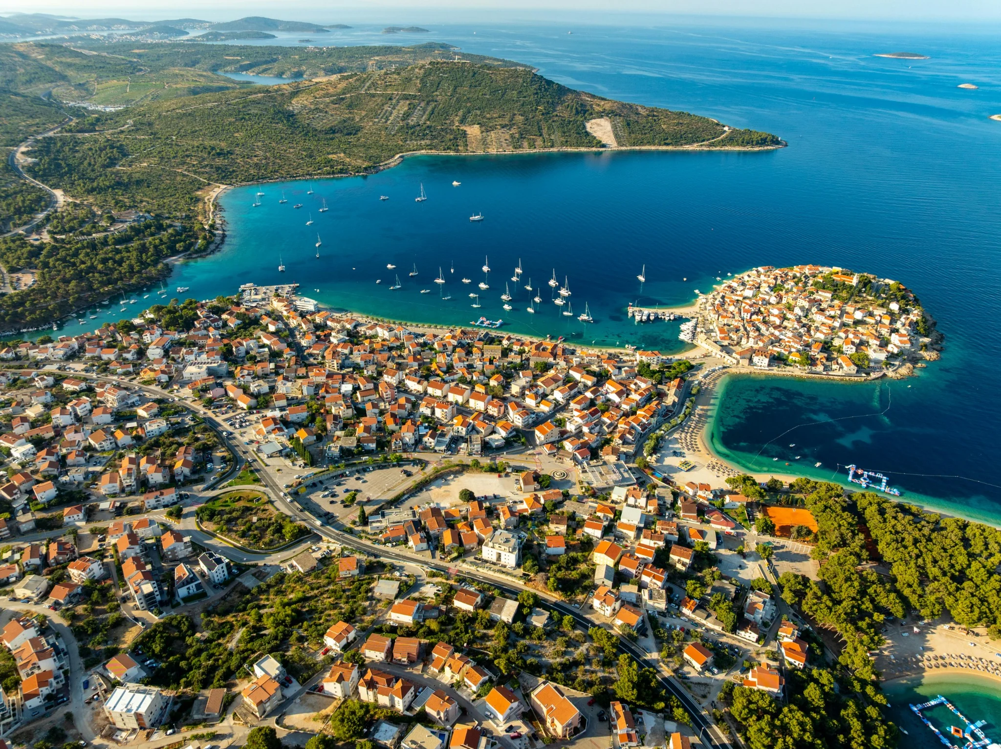 Aerial view of a coastal town and bay on Vis island, Dalmatia, Croatia