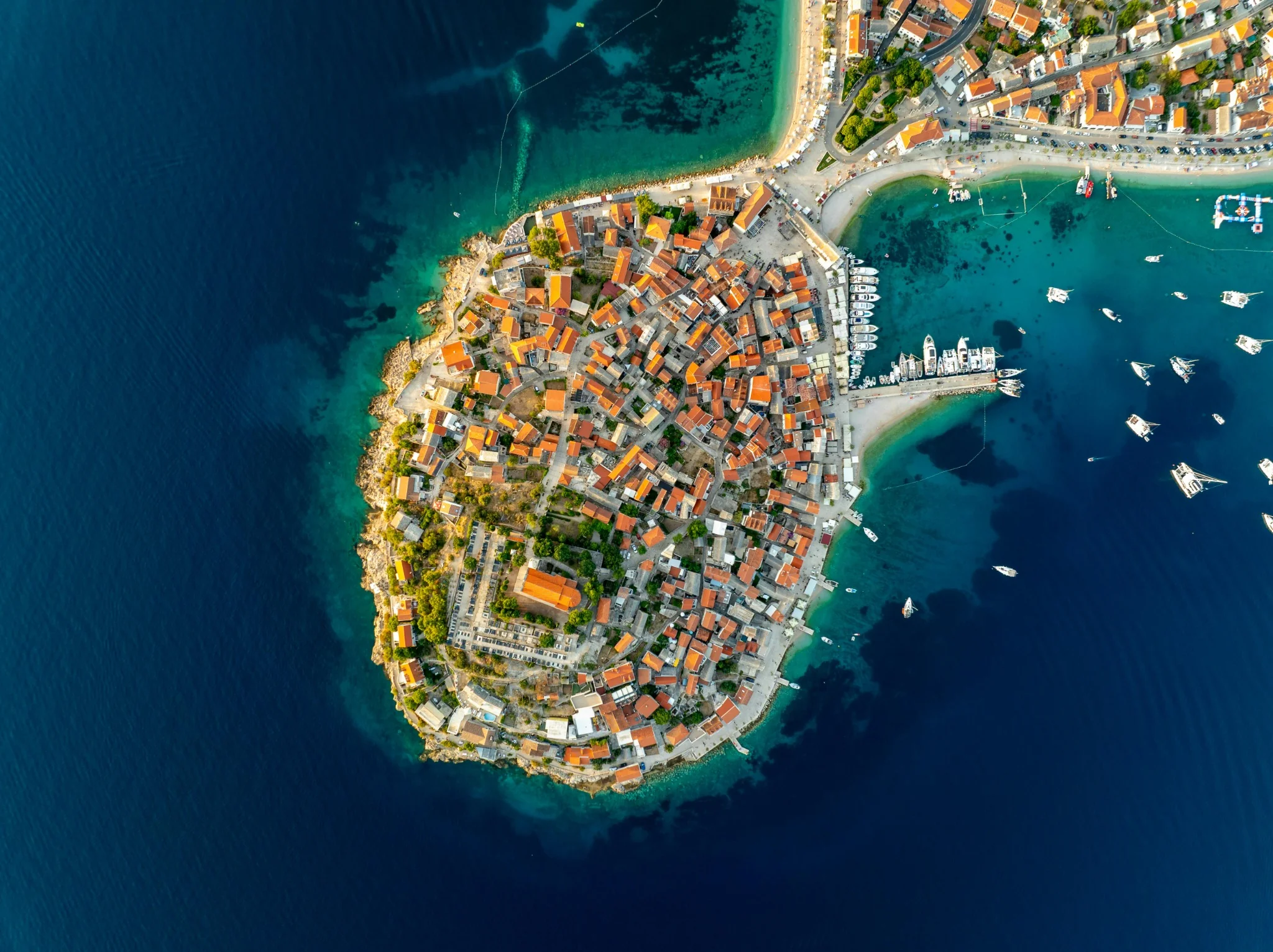 Top-down view of a Vis island old town and harbour, Dalmatia, Croatia